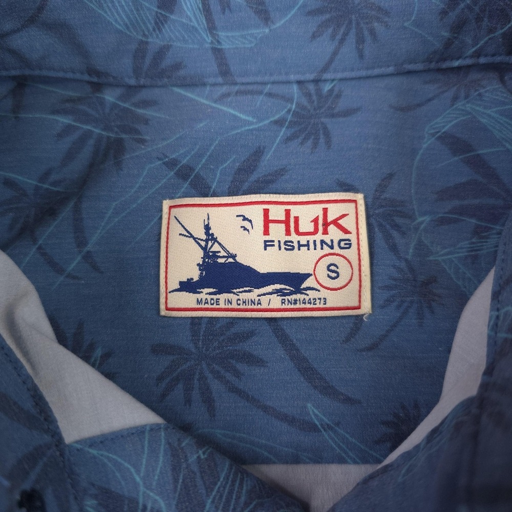 Huk Shirt Mens Small Blue Fish Palm Tree Short Sleeve Button Up Fishing Stretch - Picture 4 of 10